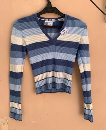 Blue and White Striped Cropped Sweater