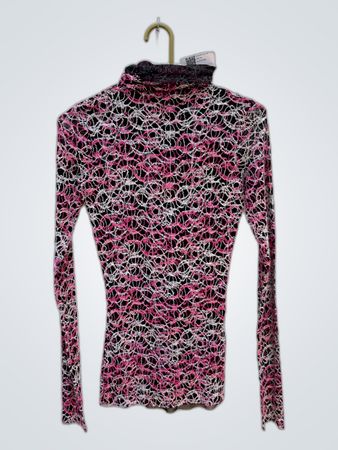 Long Sleeve Mock Neck Top with Pink, White, and Black Pattern