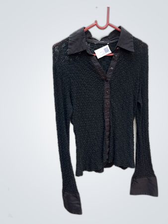 Black Long-Sleeve Blouse with Textured Fabric