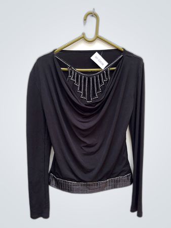 Black Long-Sleeve Blouse with Rhinestone Detail