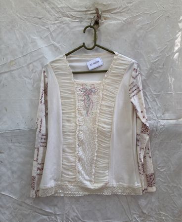 White Blouse with Embellished Front and Floral Sleeves