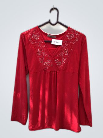 Red Embroidered Long-Sleeve Top
