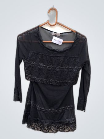 Cache Black Lace Trim Mesh Top