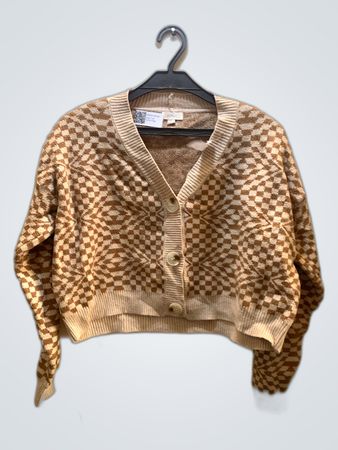 Brown and White Checkered Cardigan