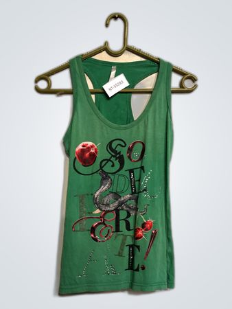 Green Graphic Tank Top with Snake and Apple Print
