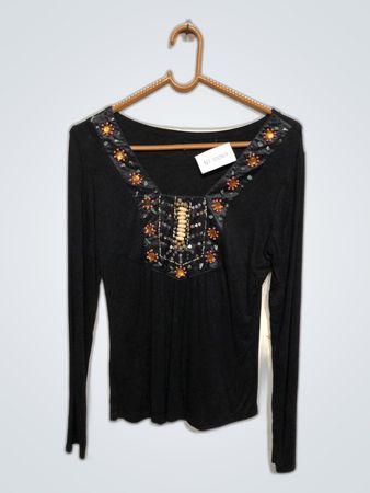 Black Embroidered Long-Sleeve Top