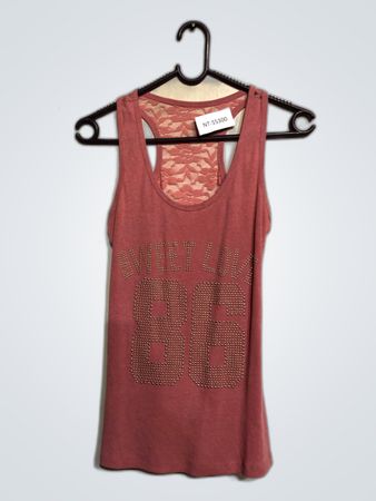Pink Tank Top with Rhinestone Design and Lace Back