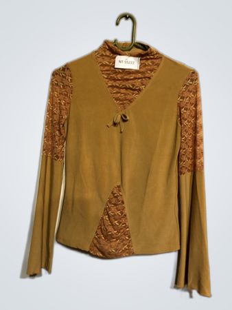 Brown Long-Sleeve Top with Floral Patterned Sleeves