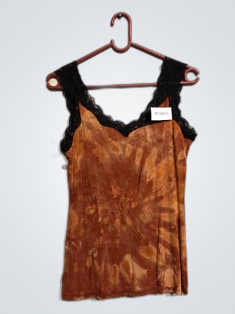 Brown Tie-Dye Tank Top with Black Lace Trim