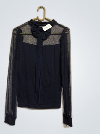 Black Sheer Sleeve Blouse with Bow