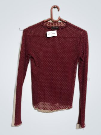 Tally Weijl Burgundy Polka Dot Mesh Long Sleeve Top