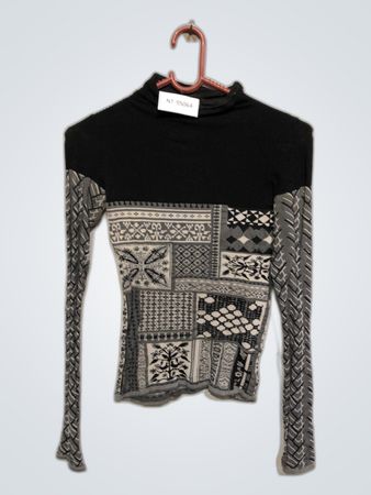 Long Sleeve Turtleneck Top with Patchwork Design