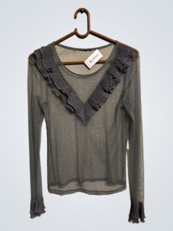 Gray Sheer Long-Sleeve Top with Ruffled Collar