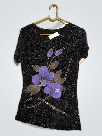 Black Sparkly Shirt with Purple Flowers