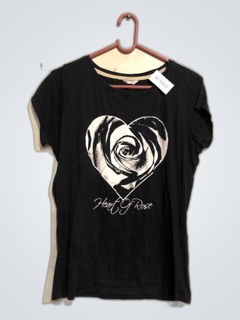 Black T-Shirt with Heart and Rose Design