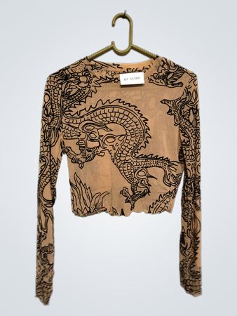 Long-sleeved Crop Top with Dragon Design