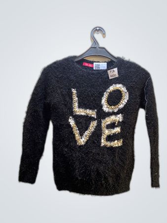Black Fuzzy Sweater with 'LOVE' Embellishment