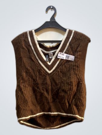 Brown Knit Vest with White Trim