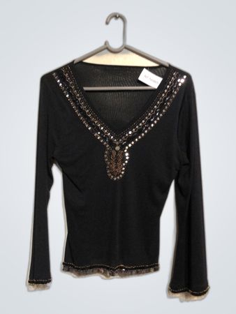 Black Long-Sleeve Top with Beaded Neckline