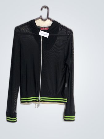 Black Zipper Jacket with Green Stripes