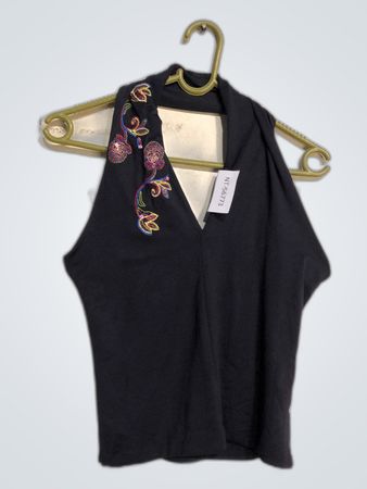 Black Halter Neck Top with Floral Embellishment