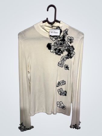 White Long Sleeve Top with Floral Applique