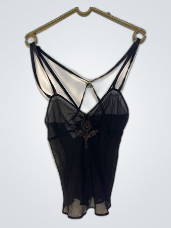 Black Sheer Bodysuit with Gold Embroidery