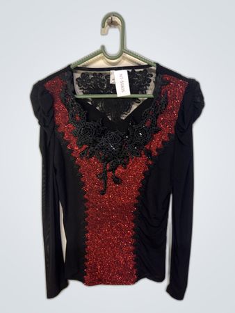 Black Lace Sequin Long Sleeve Blouse
