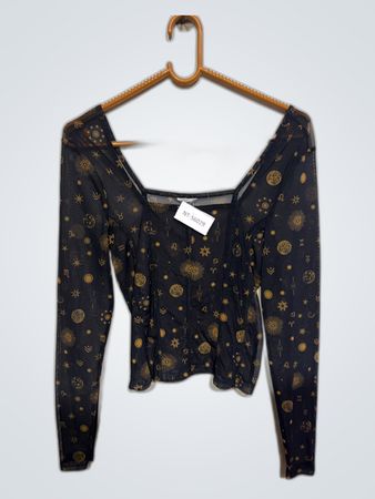 Black Long-Sleeve Top with Gold Astrology Symbols