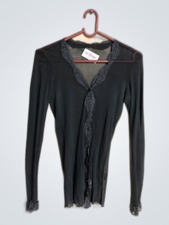 Long-Sleeve Black Top with Lace Trim