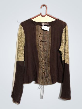 Brown Long Sleeve Top with Floral Accents