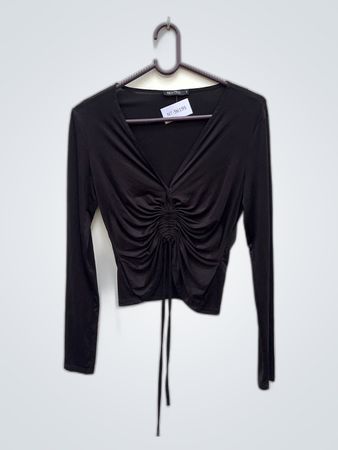 Black Long-Sleeve Top with Ruched Front