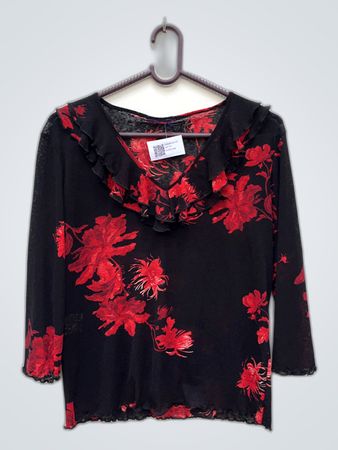 Black Floral Blouse with Ruffled Neckline