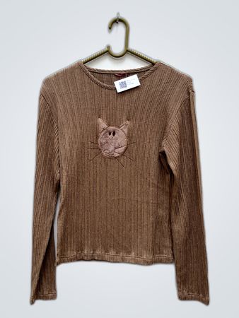 Unbranded Brown Ribbed Knit Sweater with Cat Embroidery