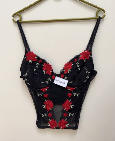 Black Lace Bra with Red Floral Embroidery