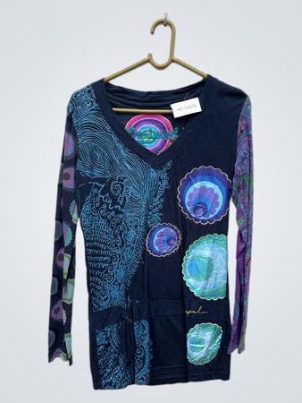 Long-Sleeve V-Neck Top with Colorful Floral Design