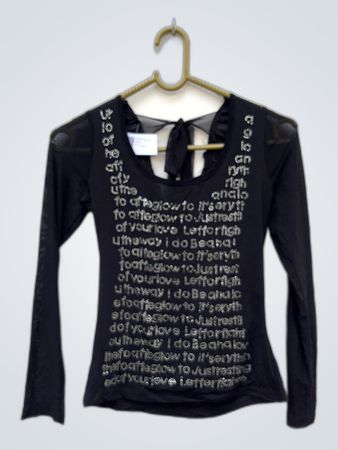 Black Long Sleeve Top with Rhinestone Text