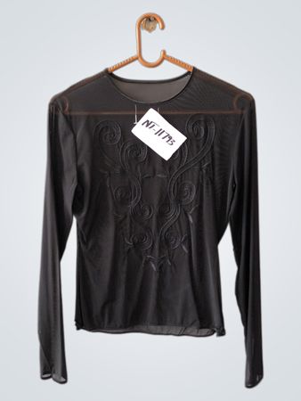 Black Long-Sleeve Sheer Top with Embroidered Design