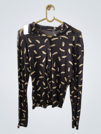 Black Long-Sleeve Shirt with Gold Feather Pattern