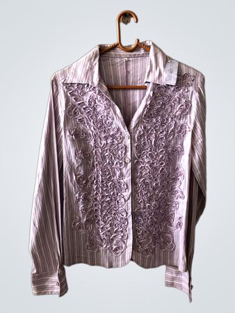 Lilac Striped Ruffled Button-Down Blouse