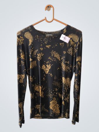 Cache Cache Black Gold Botanical Print Long Sleeve Top