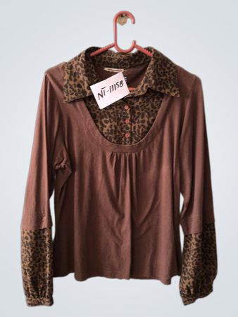 Brown Long Sleeve Top with Leopard Collar and Cuffs