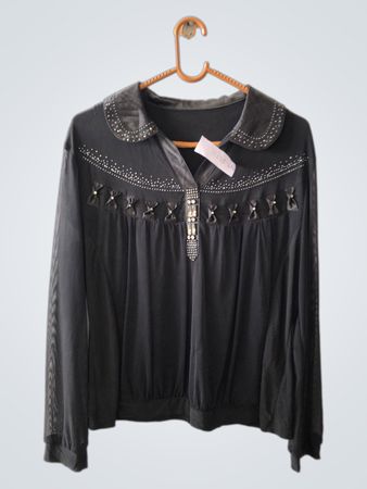 Zara Black Embellished Collared Blouse