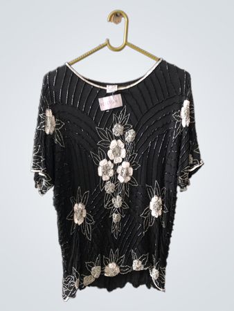 Velvet Black Beaded Floral Blouse