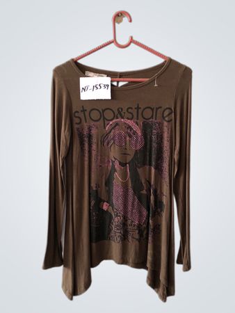 Brown Long-Sleeve Top with Graphic