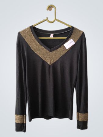 Black Long-Sleeve Top with Gold Accents