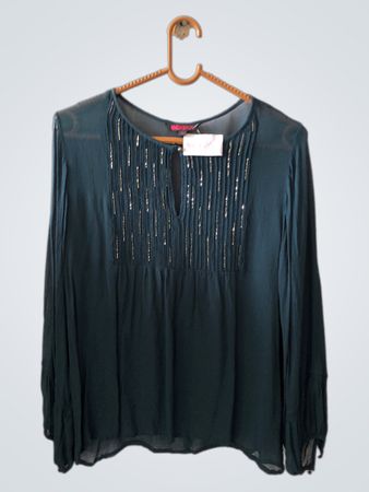 Indiska Teal Beaded Long Sleeve Blouse