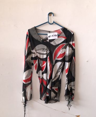 Blouse with Red, Black, and Gray Pattern