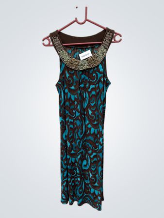 Unbranded Teal and Brown Swirl Print Beaded Neck Sleeveless Mini Dress