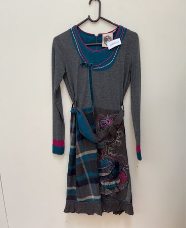 Gray Long Sleeve Dress with Plaid Skirt